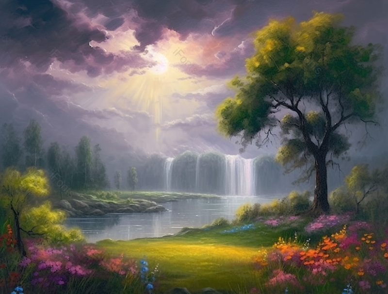 夏日的雨季森林中绿色的大树树木花朵和远处的瀑布飞流直下背景油画手绘插画,插画/手绘图,插画/手绘图库,插画/手绘图下载,插画/手绘